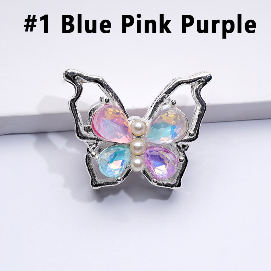 Fancy Silver Alloy Bling Bling Butterfly with Colorful Shiny Rhinestones White Pearls Beads, Around 33*25MM