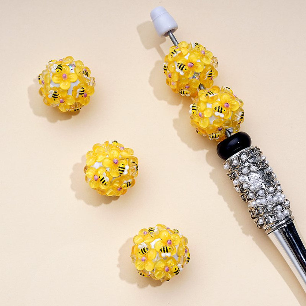 Colorful Flowers Yellow Cute Bees AB Rhinestones White Round Clay Beads, Around 20MM