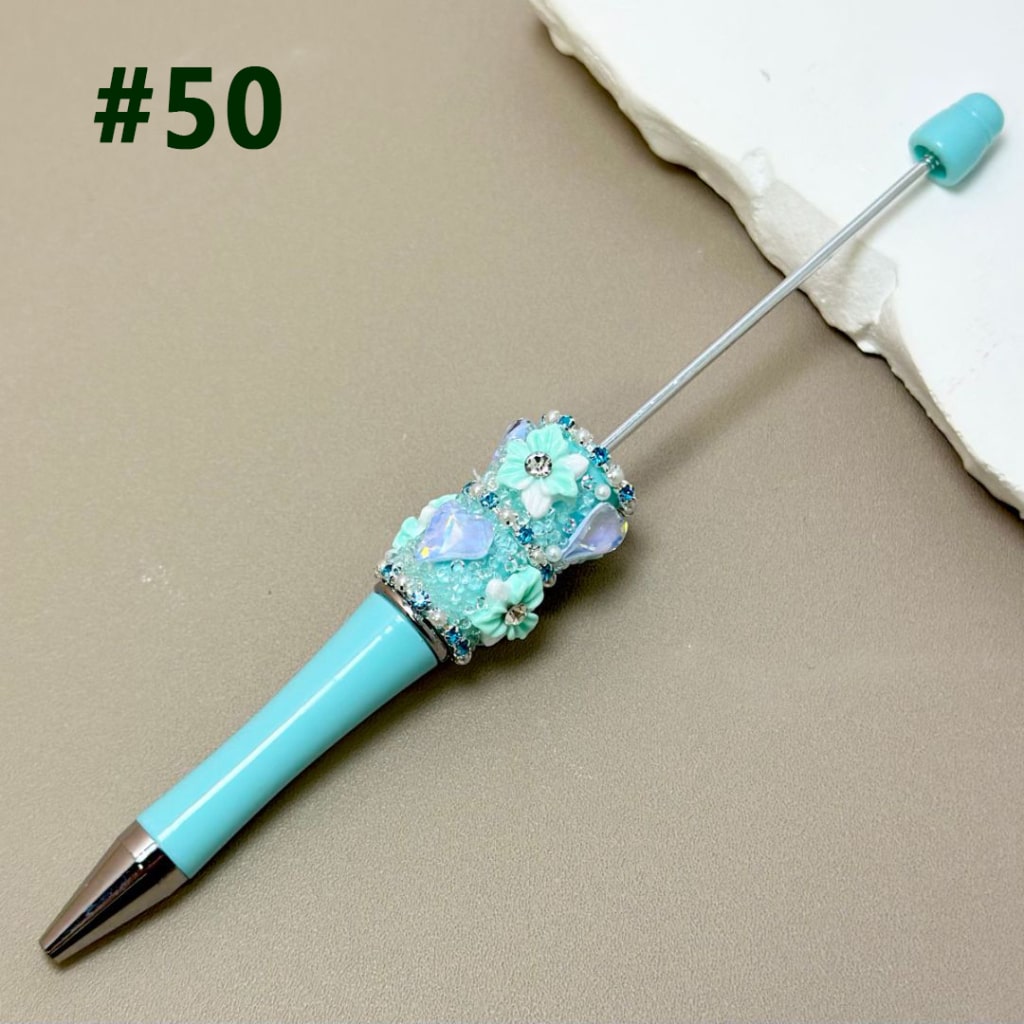 White Pearl & Rhinestone Chain Beadable Pen with Colorful Mini Flower Heart Rhinestone in Solid Color