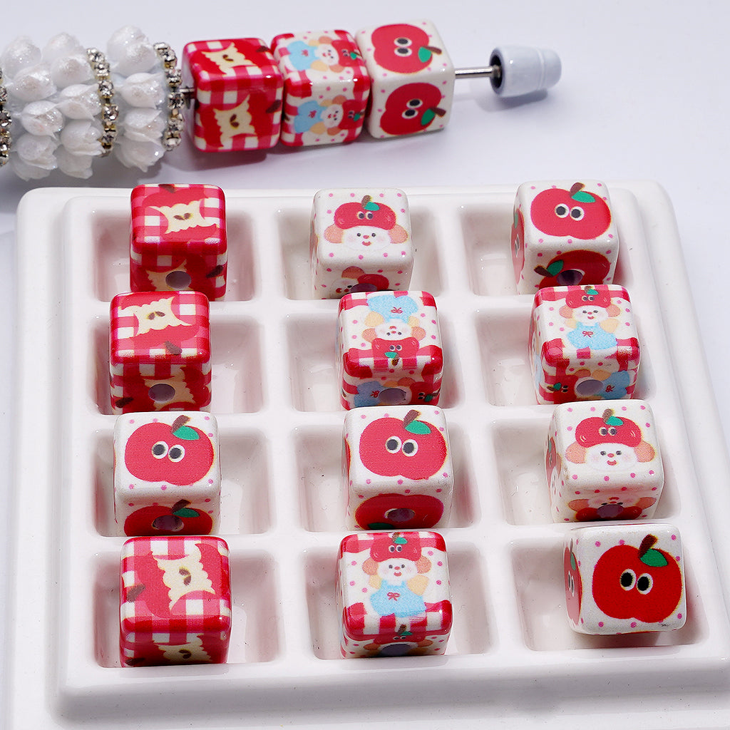 Acrylic Beads Cube Square Apple Series Cute Random Mix 14mm