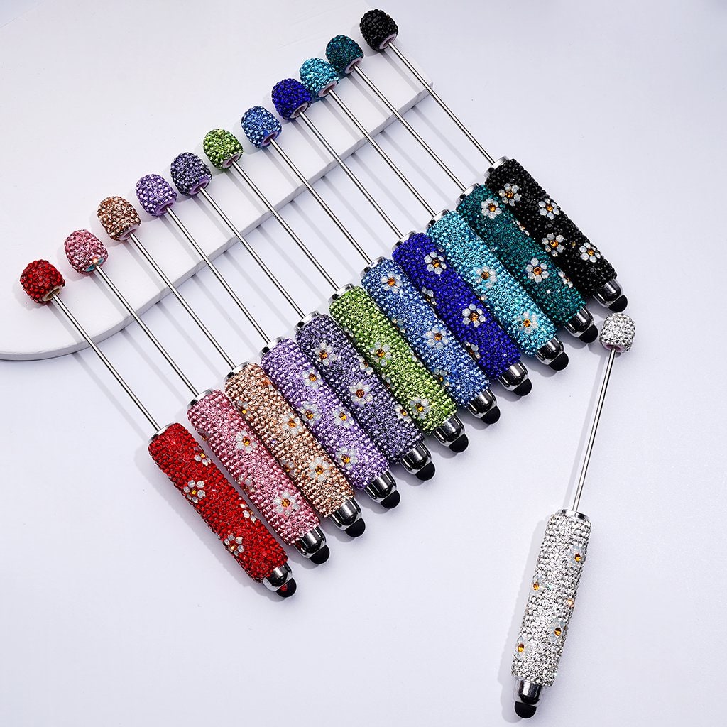 Beadable Clay Stylus Pen Adorned with Charming Mini Flowers & Sparkling Multi-Color Rhinestones