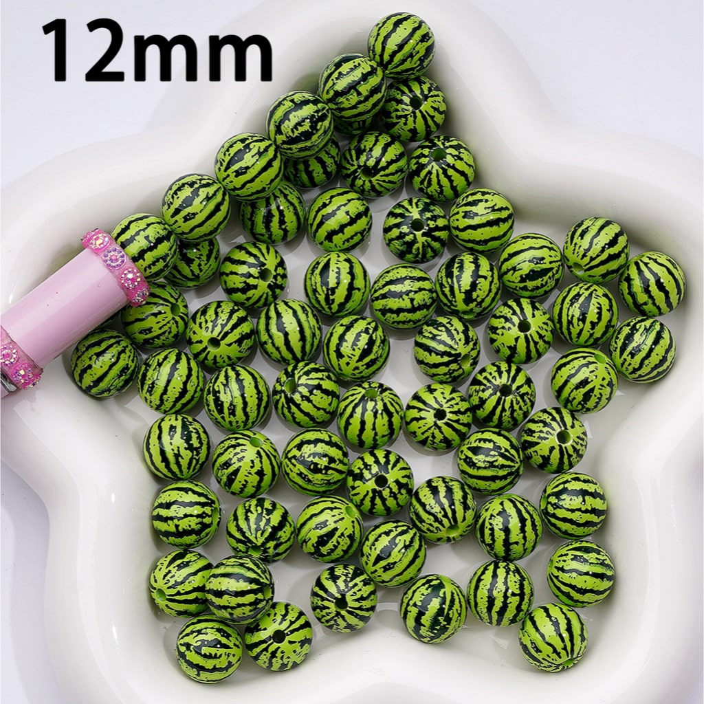 Green Watermelon Print Acrylic Beads Clear Coated Finish, 12MM