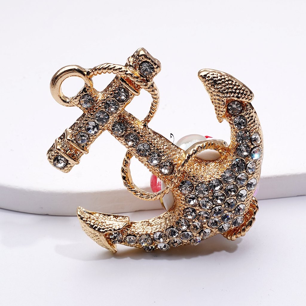 Luxury Gold Alloy Corsair Pirate Ship & Anchor – Embellished with Sparkling Rhinestones, White Pearls & Decorative Clay Beads | Hearts, Flowers, Snowflakes 58*50*20MM