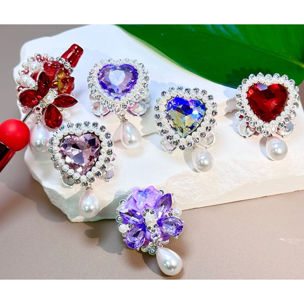 Silver Alloy Heart Butterfly with Bling Bling Clear Rhinestones, White Pearls, Large Heart Diamond, and Clay Beads 29*29MM