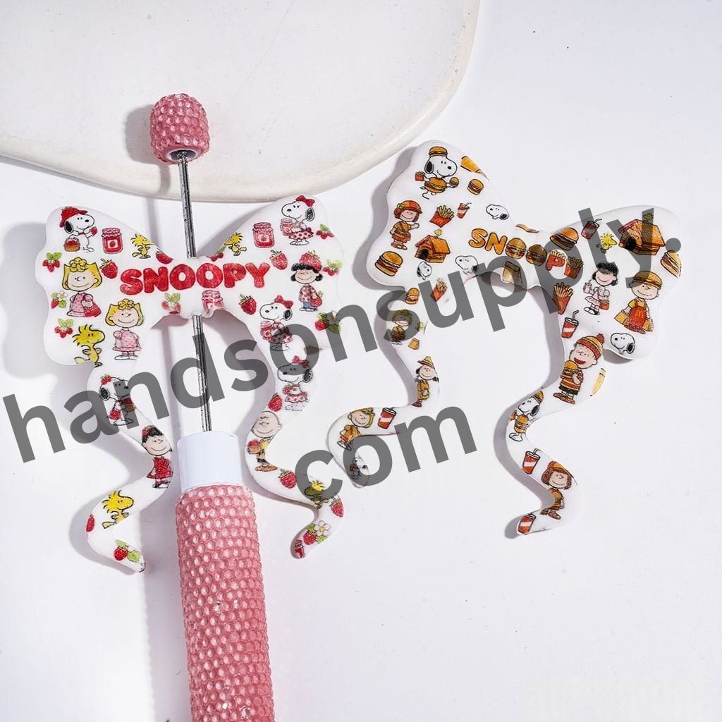Cute Beagle Dogs, Yellow Birds and Boy Characters Printed Long Ribbon Bow Shape PVC Soft Rubber Beads, 59*70MM, Random Mix
