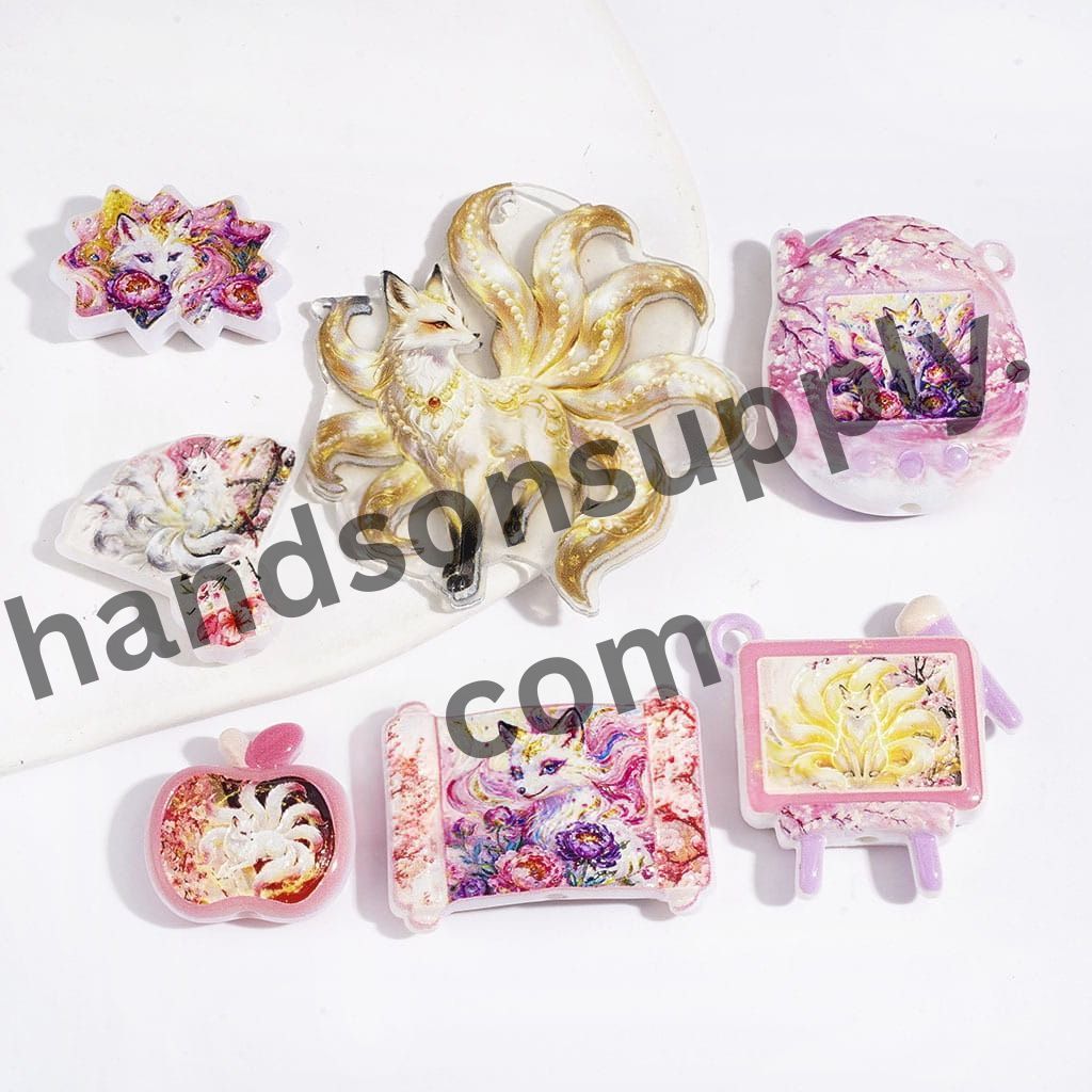 Mythical Nine-Tailed Fox in Flower Series Acrylic Beads and Pendants, Random Mix