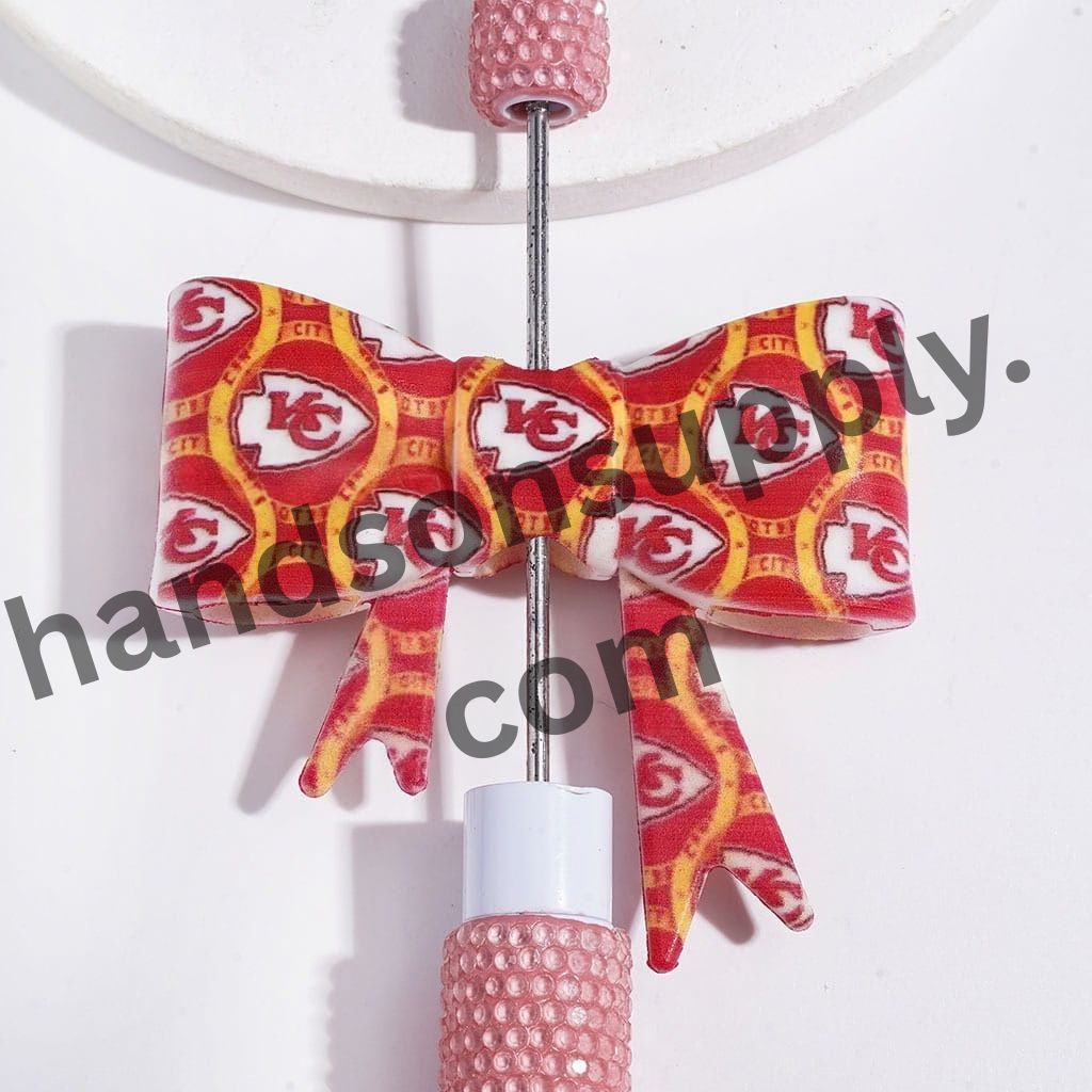 UV-Printed American KC Football Team Pattern Design Soft Bowtie Shape Silicone Focal Beads, 53*59MM