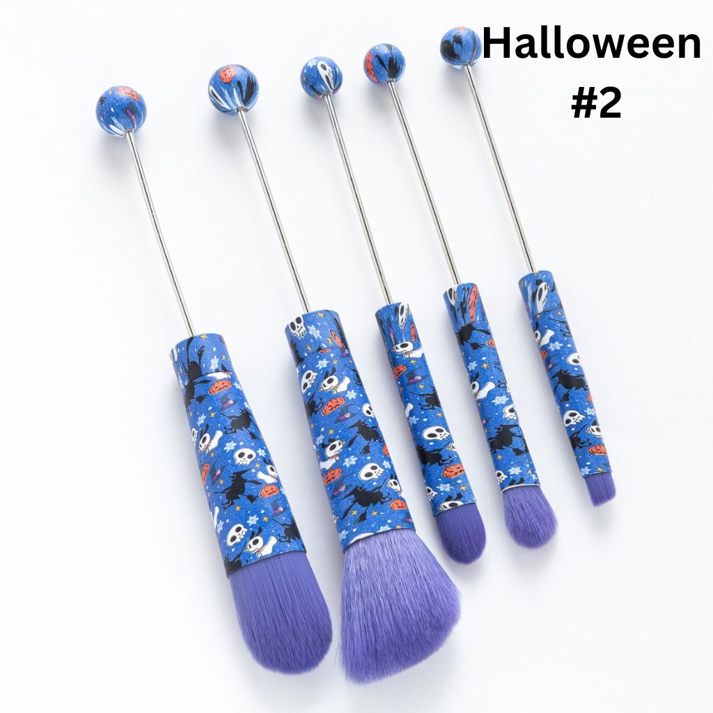 Halloween Metal Beadable Makeup Brushes with Spooky Prints (1 Set = 5 pieces)
