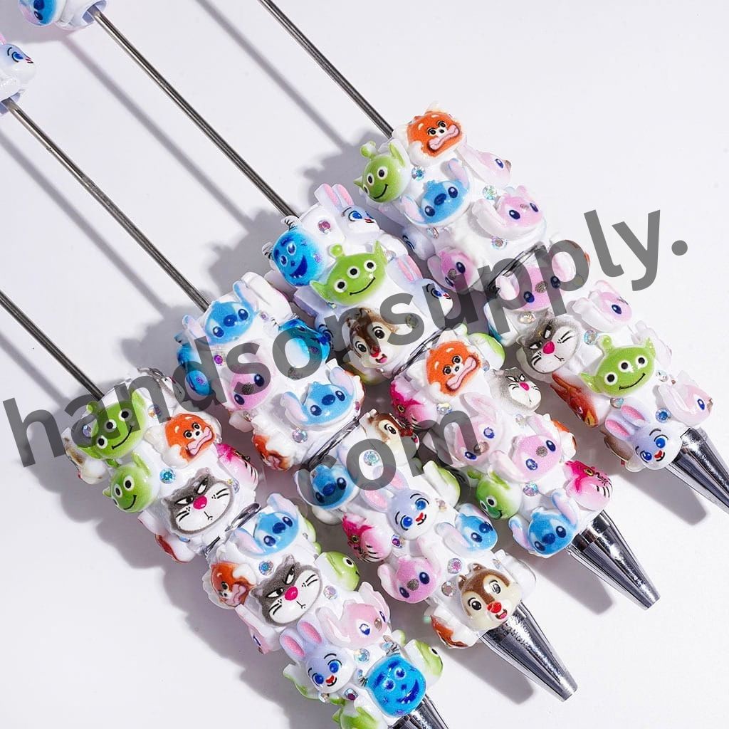 Assorted Classic Cartoon Character Head Designs with Sparkling AB Rhinestones Beadable Clay Pens
