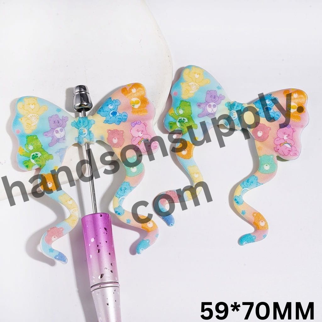 Whimsical Diverse Style Rainbow Bear Character Print on Gradient Bowknot with Long Ribbon Silicone Focal Beads, 59*70MM