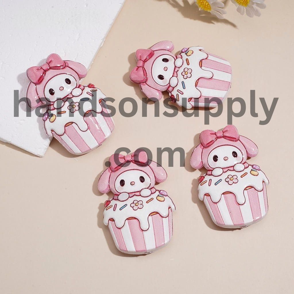Adorable Bunny Character Wearing Pink Hoodie & Bow on a Frosted Cupcake, Raised Pattern Acrylic Beads, 48*32MM