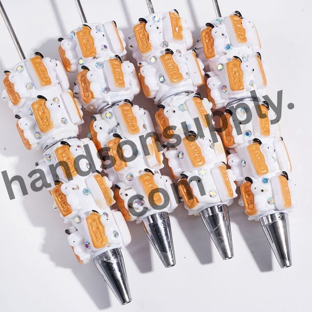 Adorable White Dog Character Holding Rectangular Orange Cookie with Sparkling AB Rhinestone Beadable Clay Pens