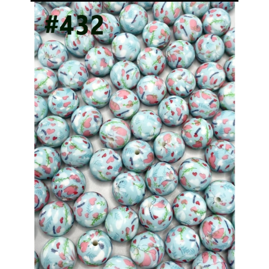 Flowers Heart Printed Silicone Beads Number 432