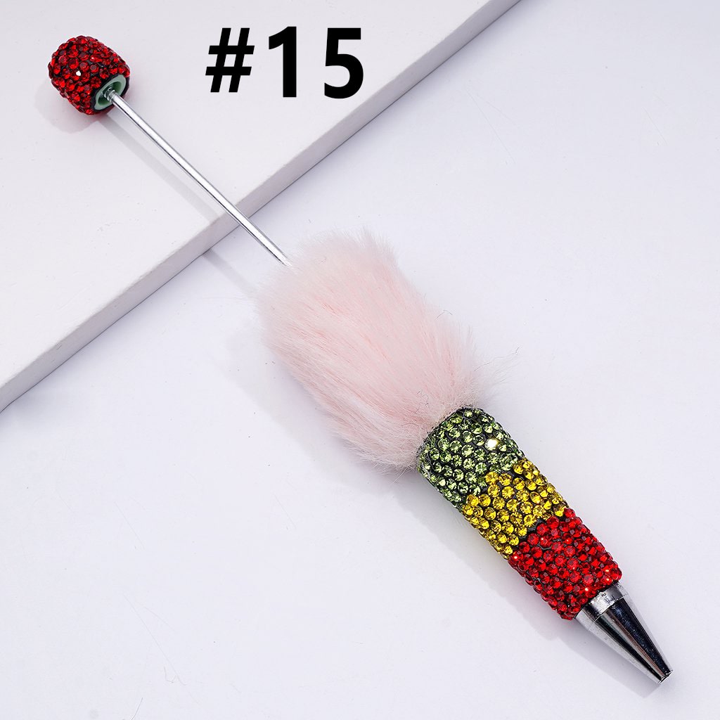 Pom Pom Beadable Clay Pens Covered with Shiny Green Yellow Red Rhinestones Along the Entire Pen
