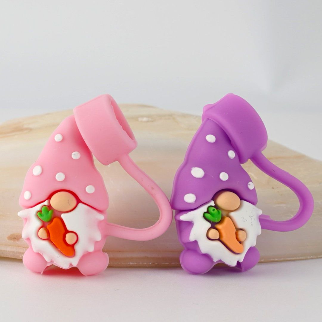 Gnome Dwarf Holds a Carrot Food Grade Cup Tumbler Little Cute Silicone Straw Topper