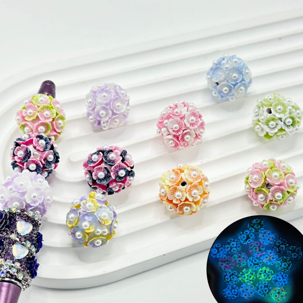 Ombre Color Flowers Luminous White Pearls Round Clay Beads, Random Mix, 20MM