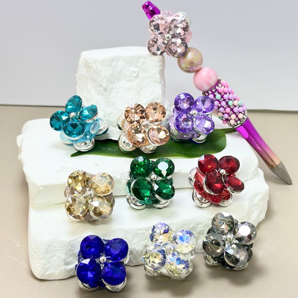 Colorful Shiny Rhinestones, Oval Pearls, and Exquisite Silver Alloy Flower Clay Beads 24MM