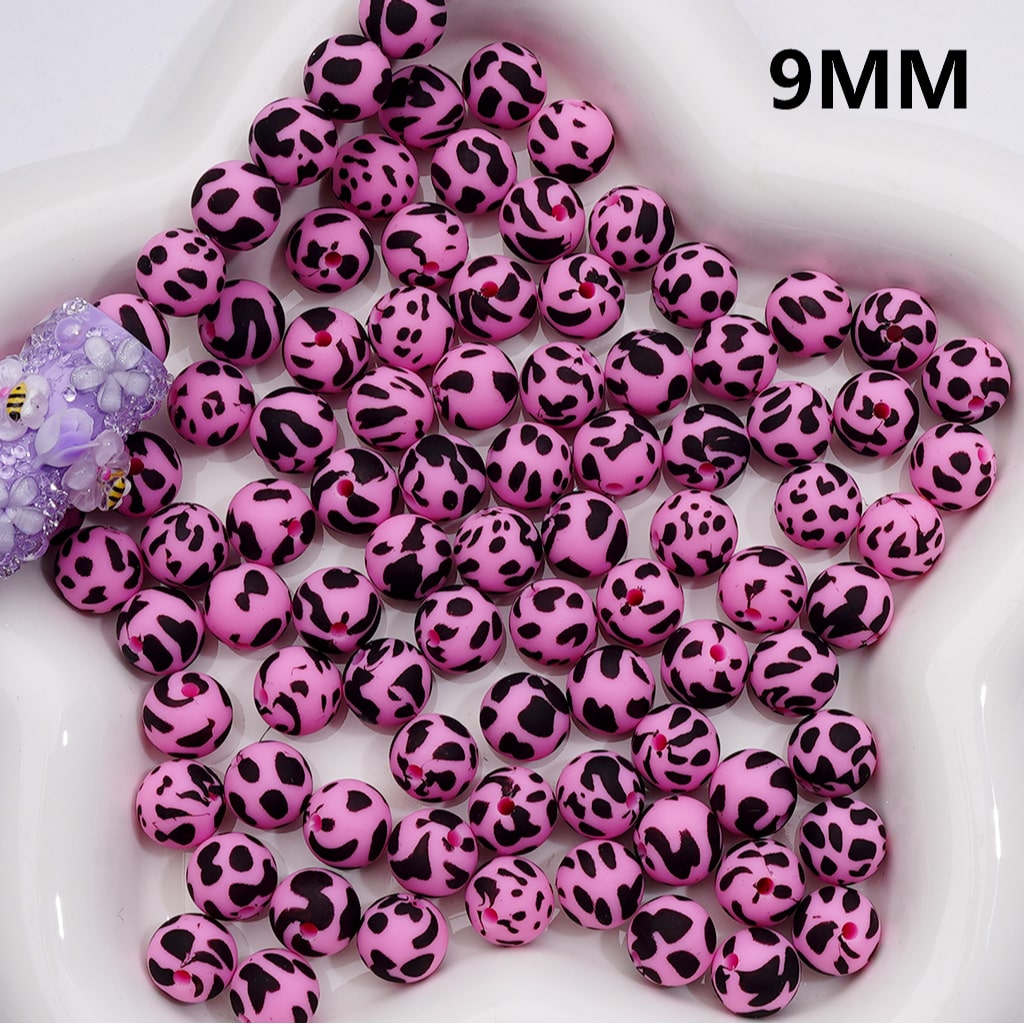 Pink Silicone Beads with Black Spots Print, 9MM, Number Z-00262