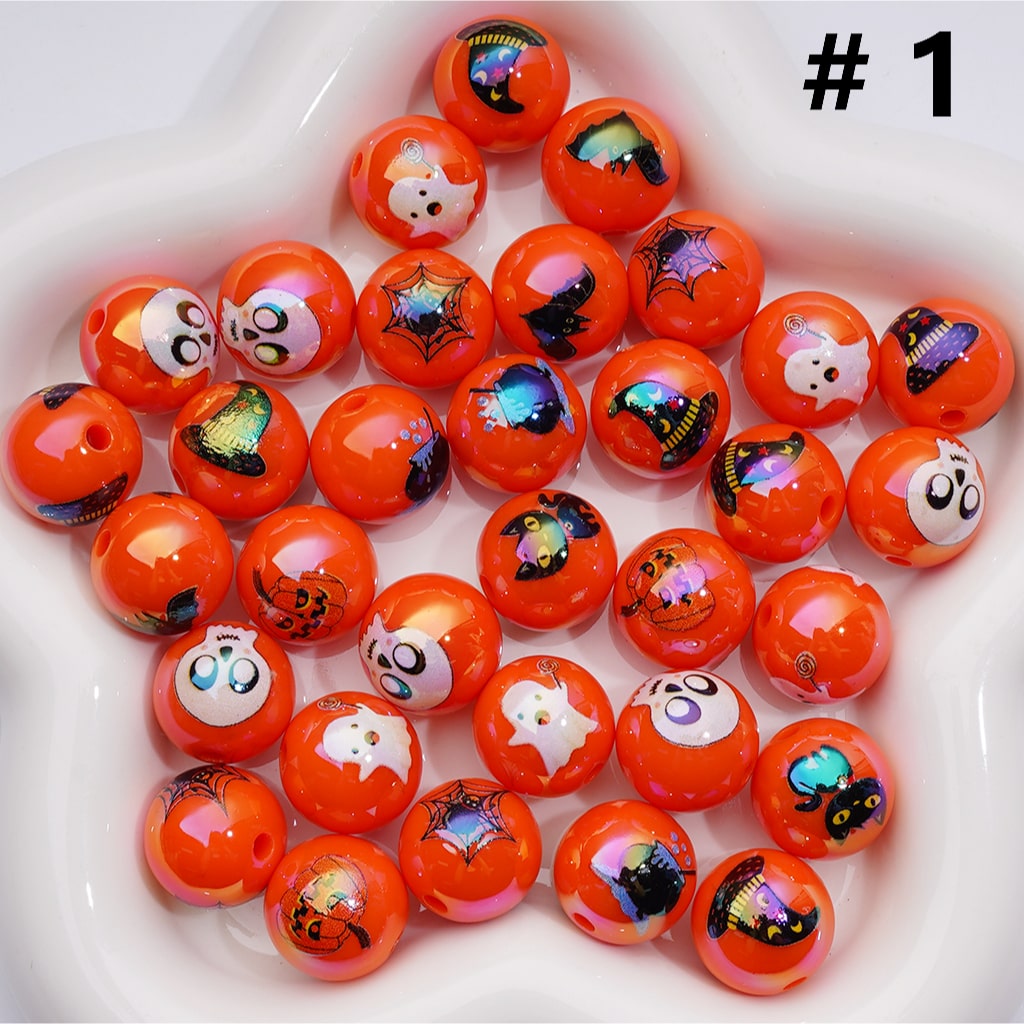 Halloween Series Orange Color Skeleton Skull Head Black Cat Bat Ghost Face Pumpkin White Ghost Wizard House Printed Acrylic Beads, 16MM (Single Color is available for 200pcs(Whole bag))
