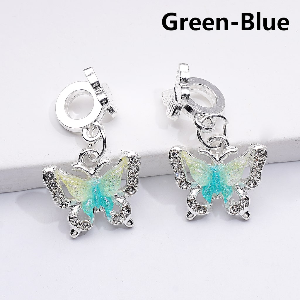Silver Color Metal Beads with Bail Dangle Charm Pendant Jewelry Accessories Double‑Color Butterfly Rhinestones