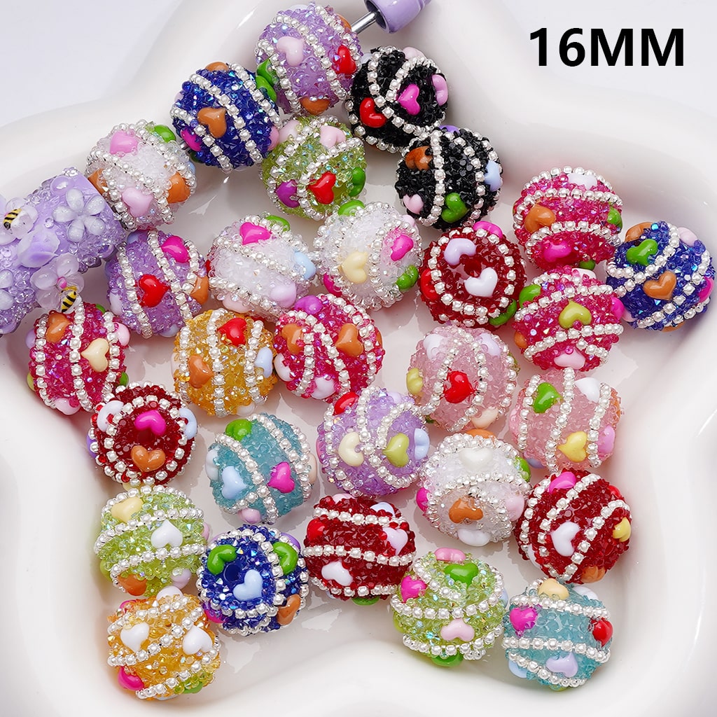 Sparkling Heart Cone Shape with White Pearls Chains Multi-Color Rhinestones Acrylic Beads, 16MM