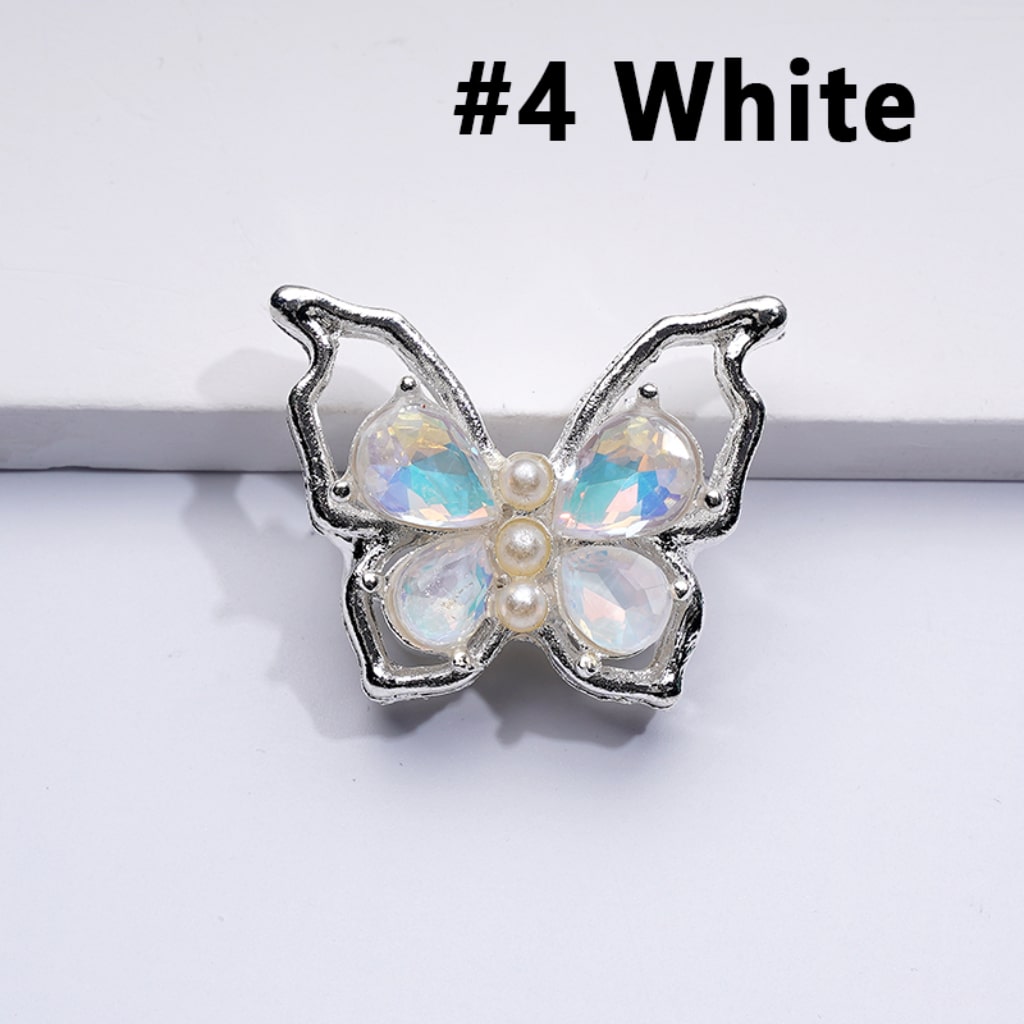 Fancy Silver Alloy Bling Bling Butterfly with Colorful Shiny Rhinestones White Pearls Beads, Around 33*25MM