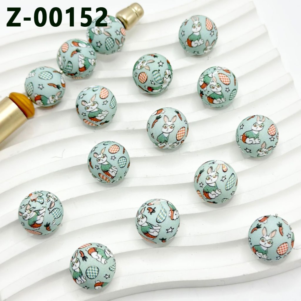 Bunny Rabbit Carrot Star Egg Easter Round Printed Cute Silicone Beads 15mm, Number Z-00152