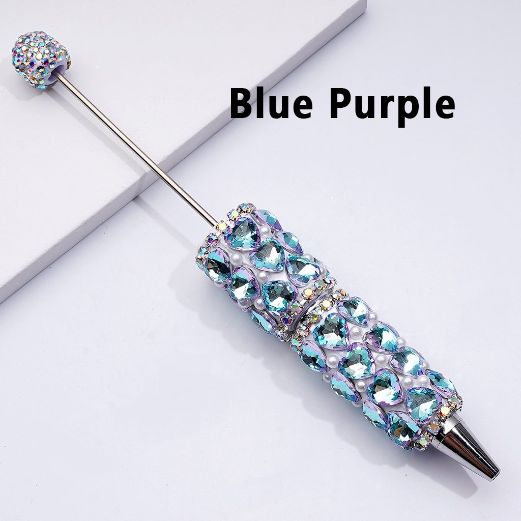 Beadable Clay Pen with Colorful Shiny Hearts, White Pearls & AB Rhinestone Chain DIY Glam Stationery