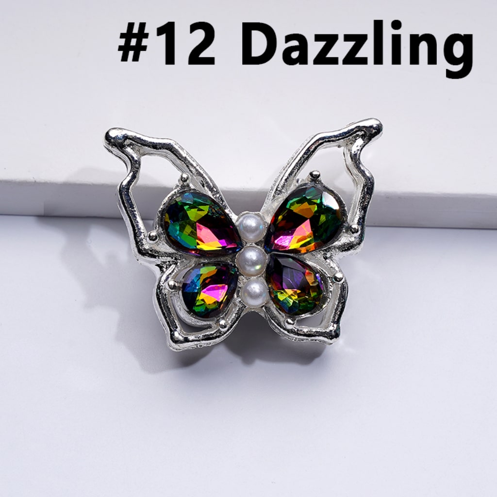 Fancy Silver Alloy Bling Bling Butterfly with Colorful Shiny Rhinestones White Pearls Beads, Around 33*25MM