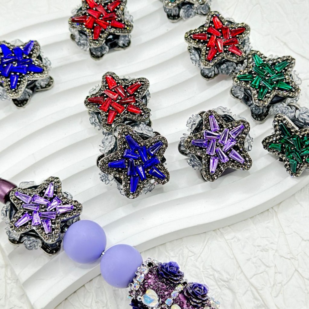 Gun Black Bling Bling Alloy Star with Multi-Color Shiny Rhinestones, Mini Flower, and Clay Beads, Random Mix, Around 26MM