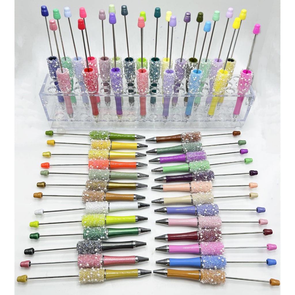 Clear Rhinestones and White Pearls Diamond Shape Beadable Pens in Solid Colors
