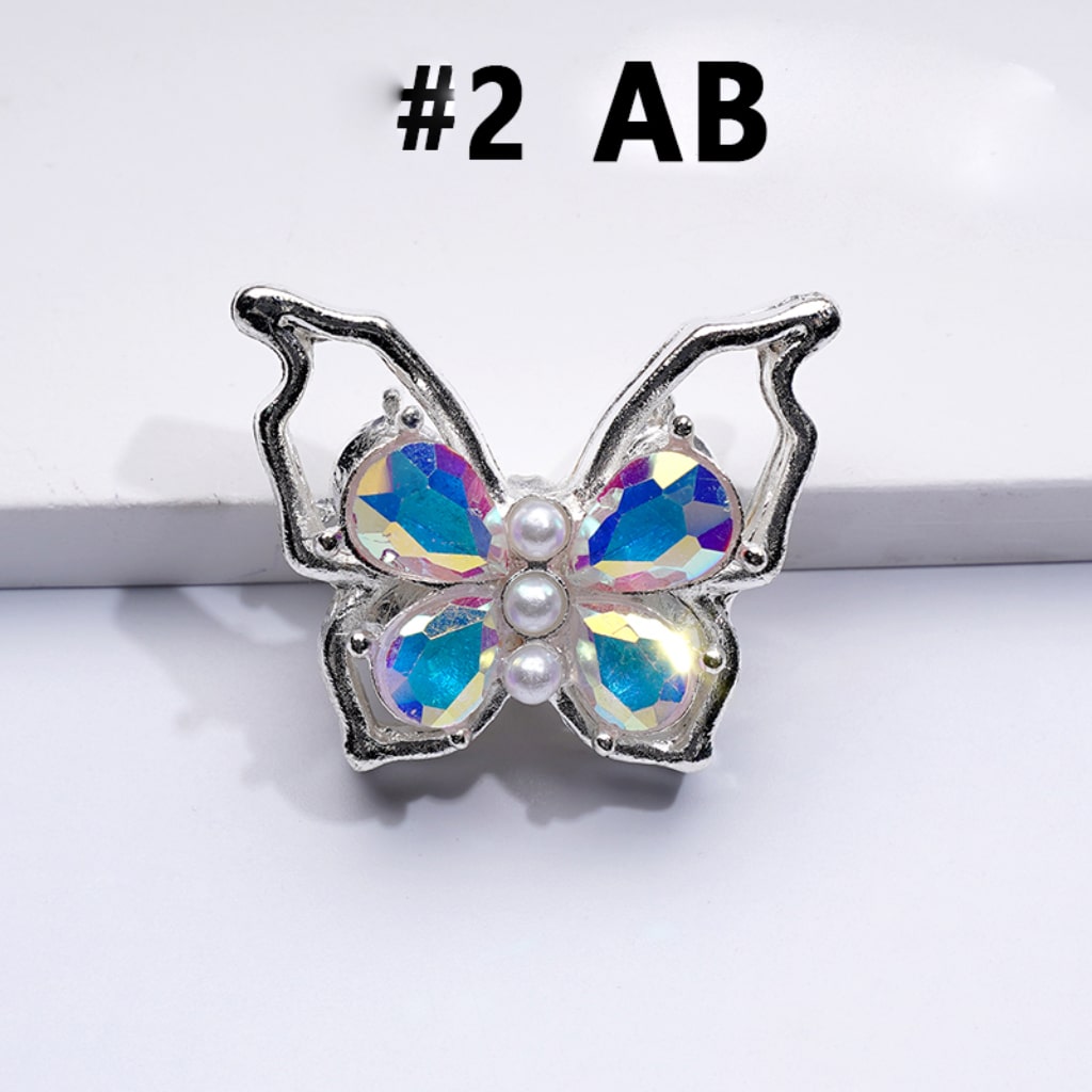 Fancy Silver Alloy Bling Bling Butterfly with Colorful Shiny Rhinestones White Pearls Beads, Around 33*25MM