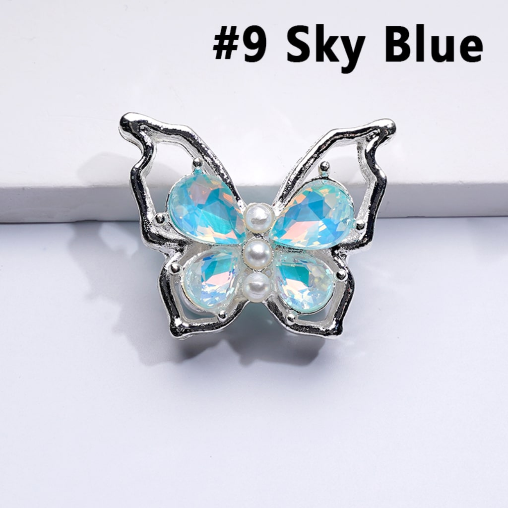 Fancy Silver Alloy Bling Bling Butterfly with Colorful Shiny Rhinestones White Pearls Beads, Around 33*25MM