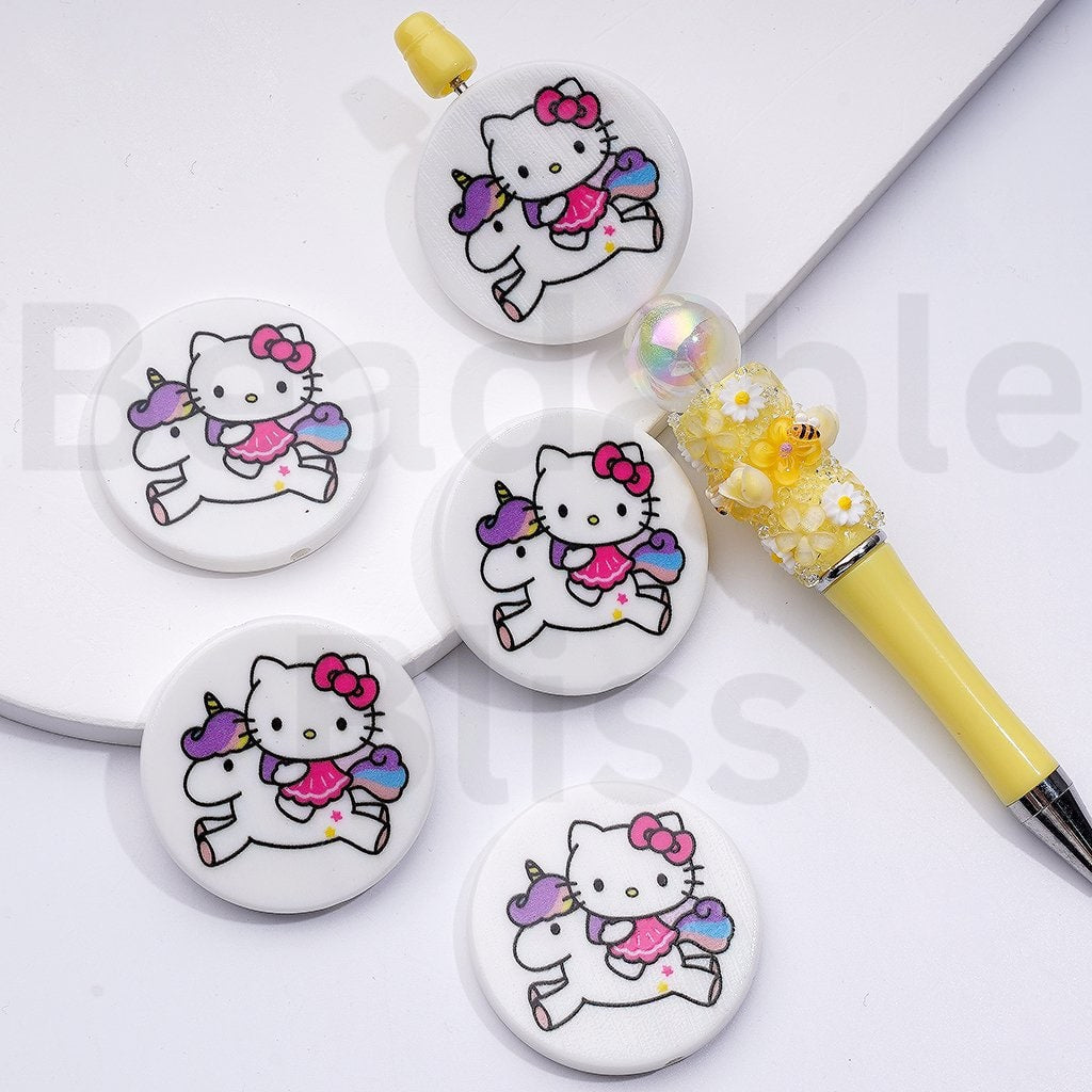 Cute Cat Character with Blue Wings Ice Cream Drives a Car Unicorn Adorable Character Round Flat Acrylic Beads, Around 38MM