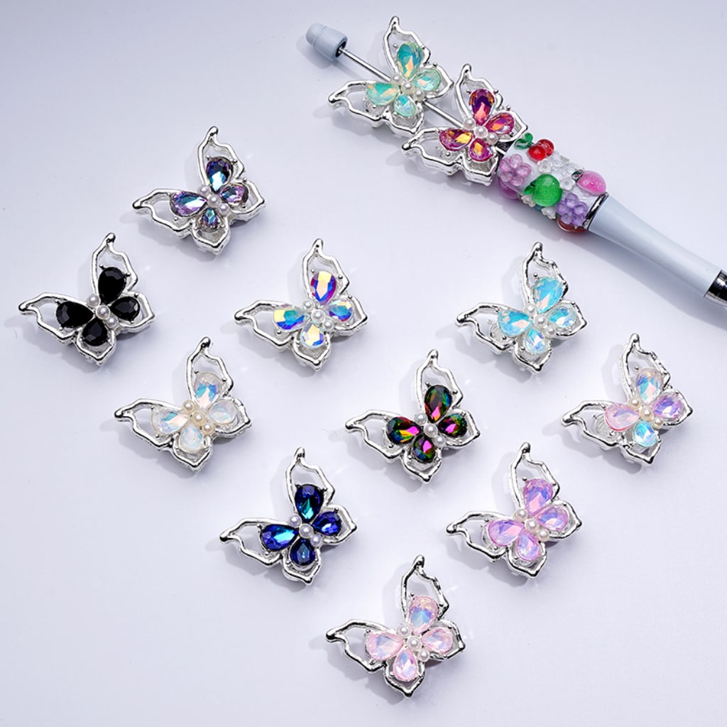 Fancy Silver Alloy Bling Bling Butterfly with Colorful Shiny Rhinestones White Pearls Beads, Around 33*25MM