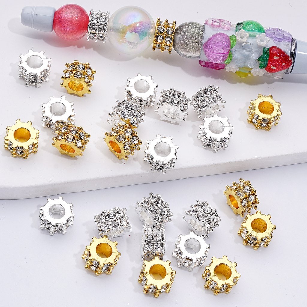 Gear Shaped Spacer Beads in Gold and Fancy Silver Alloy with Clear Rhinestones, 10*6MM
