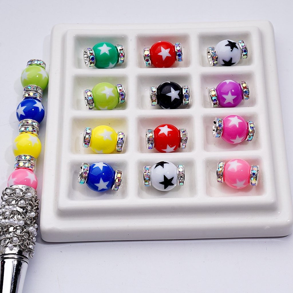Colorful Acrylic Beads with Star Design Round Shape & Silver Mini Spacers, Mixed Set, 12MM