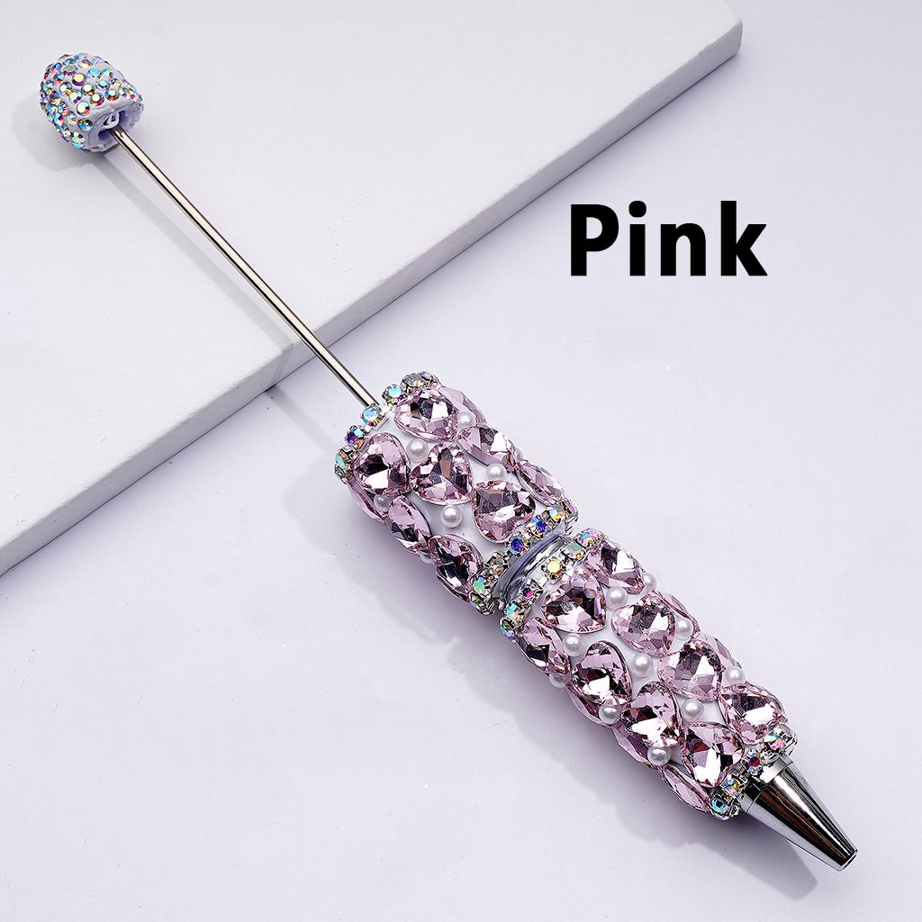 Beadable Clay Pen with Colorful Shiny Hearts, White Pearls & AB Rhinestone Chain DIY Glam Stationery