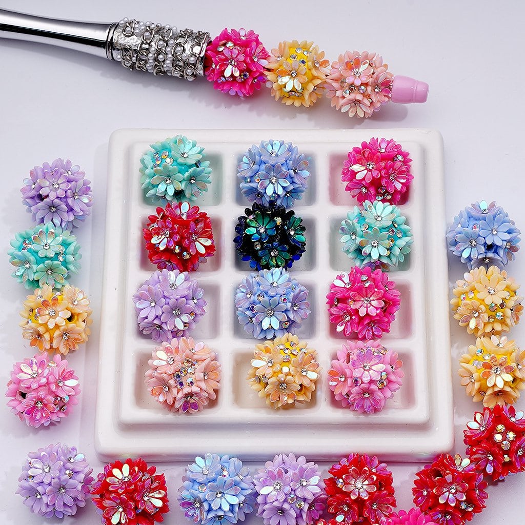 Round Clay Beads with UV Coated Shiny Flowers & AB Clear Rhinestones 20MM Random Mix