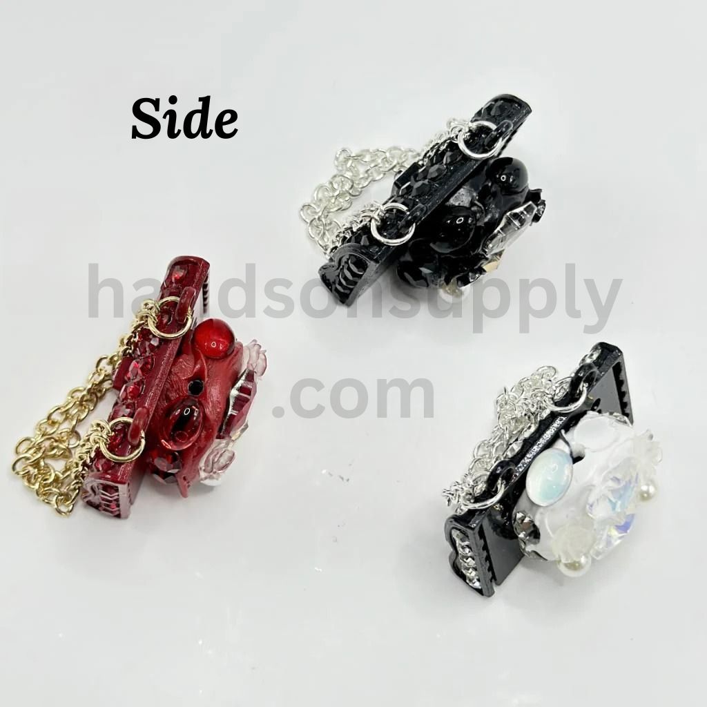 Bling Lady Handbag Clay Beads Rhinestones Pearls, Flowers & Butterfly Heart Charm with Hanging Chain Clay Beads, Around 68MM Long (Including the Hanging Chain)