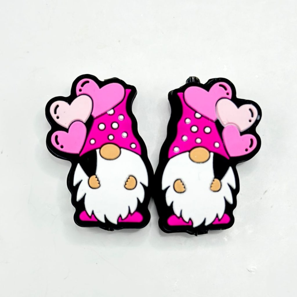 Gnome Cute Dwarf in Christmas Hat Heart Pink Red Silicone Focal Beads