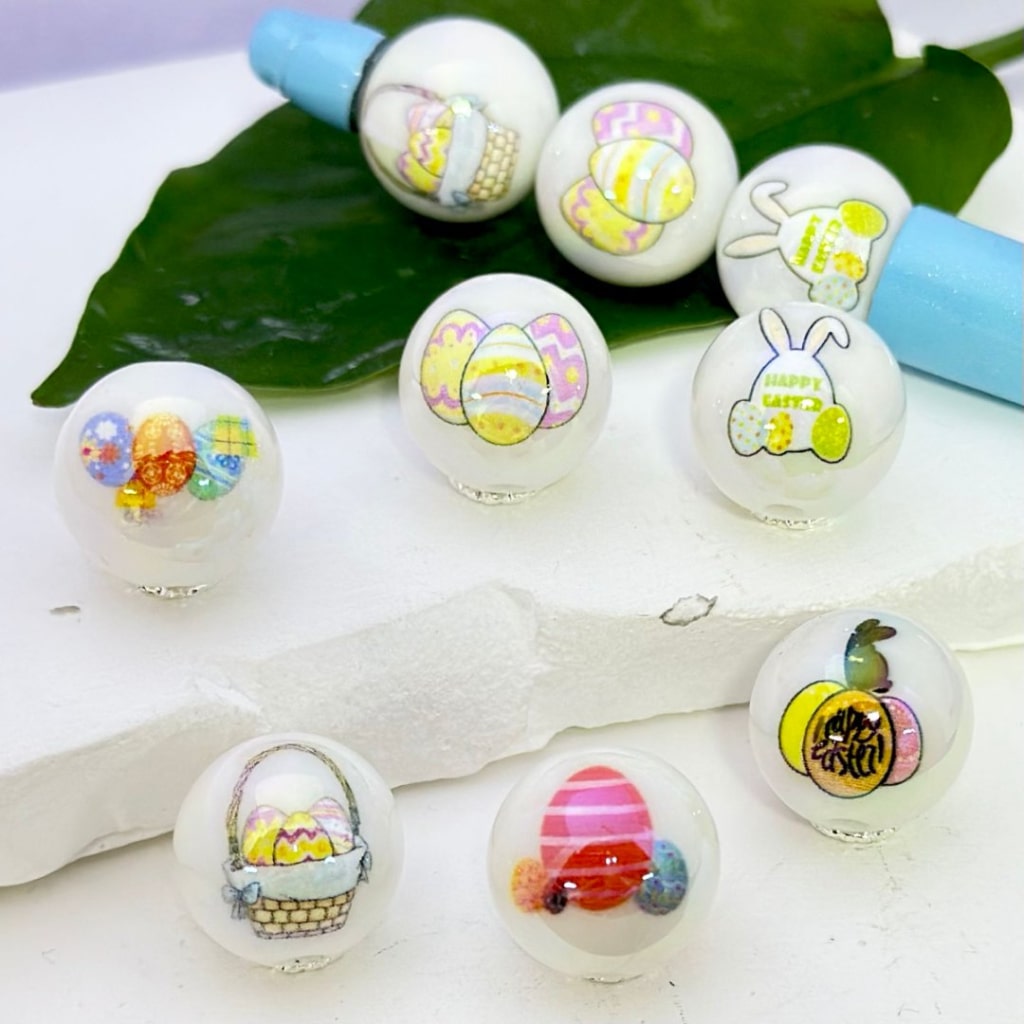 Colorful Eggs Happy Easter UV Finish White Round Acrylic Beads, 16MM