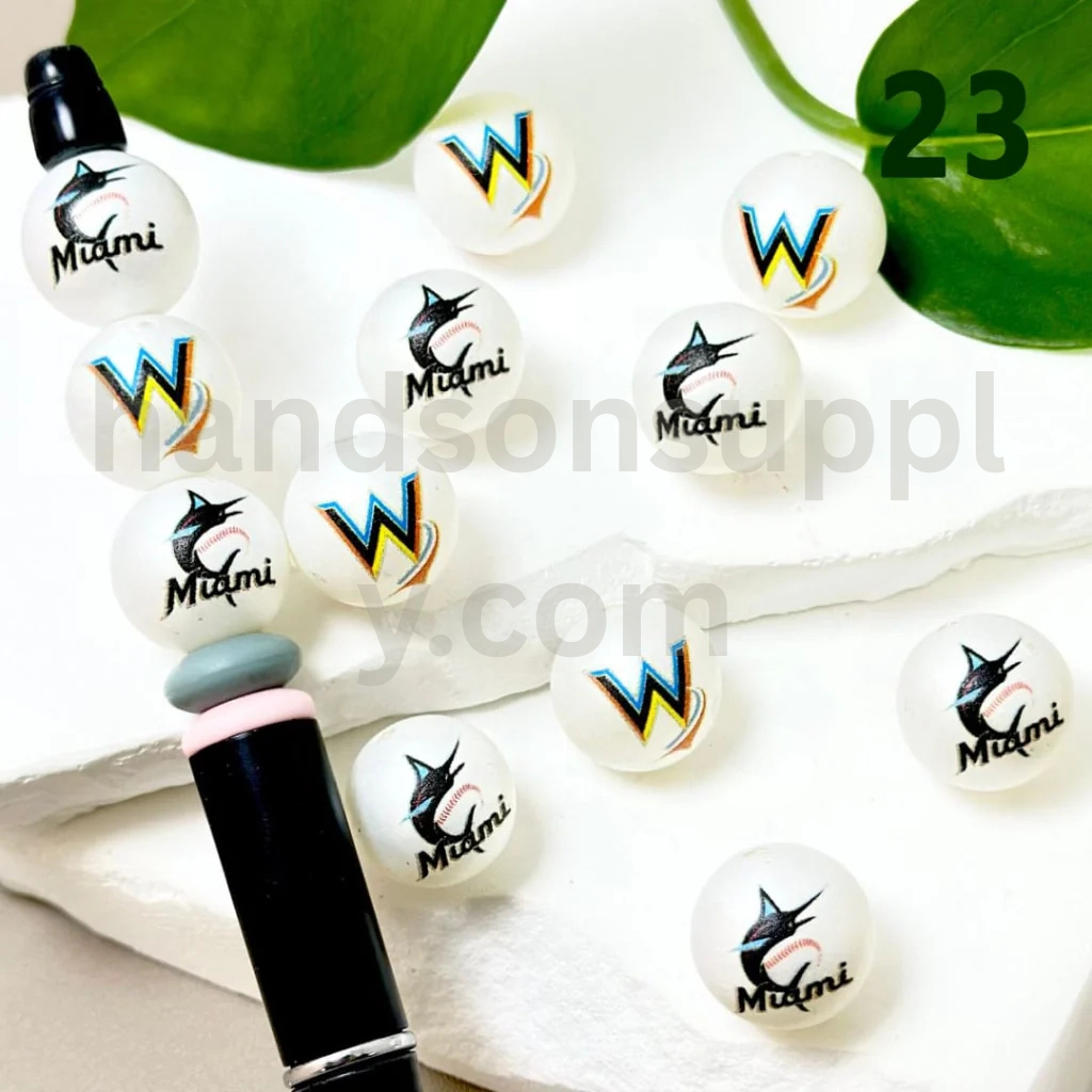 Miami Marlins Baseball Theme 16MM Frosted White Round Acrylic Beads Random Mix
