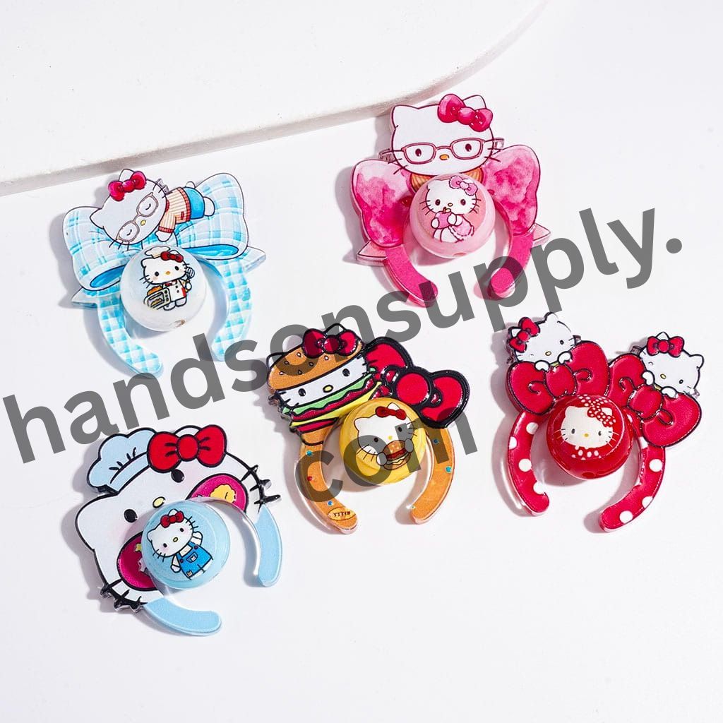 Playful Adorable Cat Character Series Printed Headband-Shaped and Round Acrylic Beads Collection Set, Random Mix