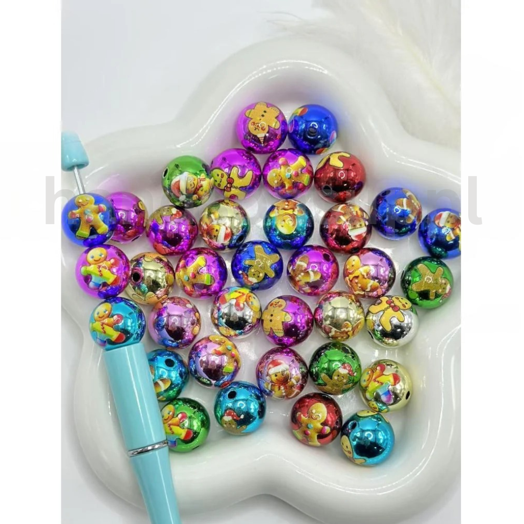 Colorful Gingerbread Christmas Theme Round 16MM Mix Glossy Acrylic Beads