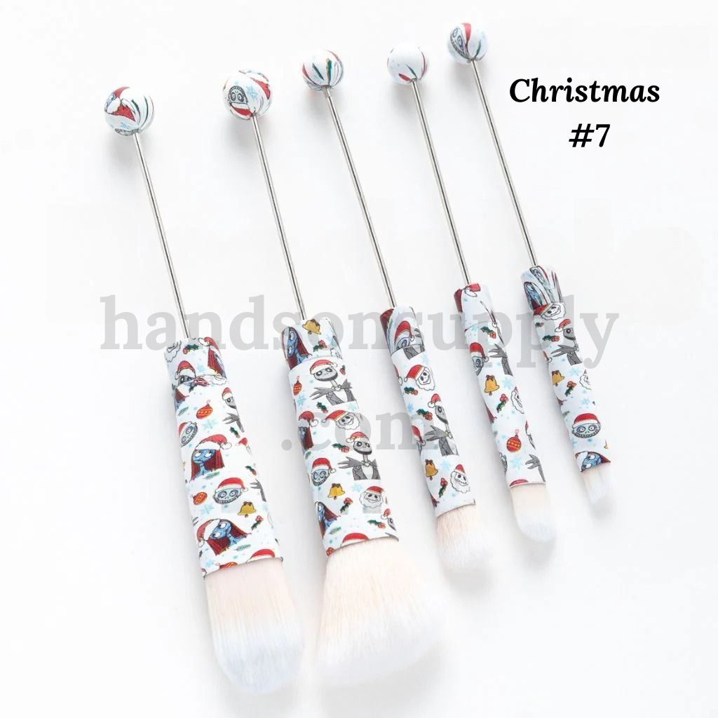 Festive Colorful Metal Beadable Christmas Themed Printed Makeup Brushes (1 Set = 5 pieces)