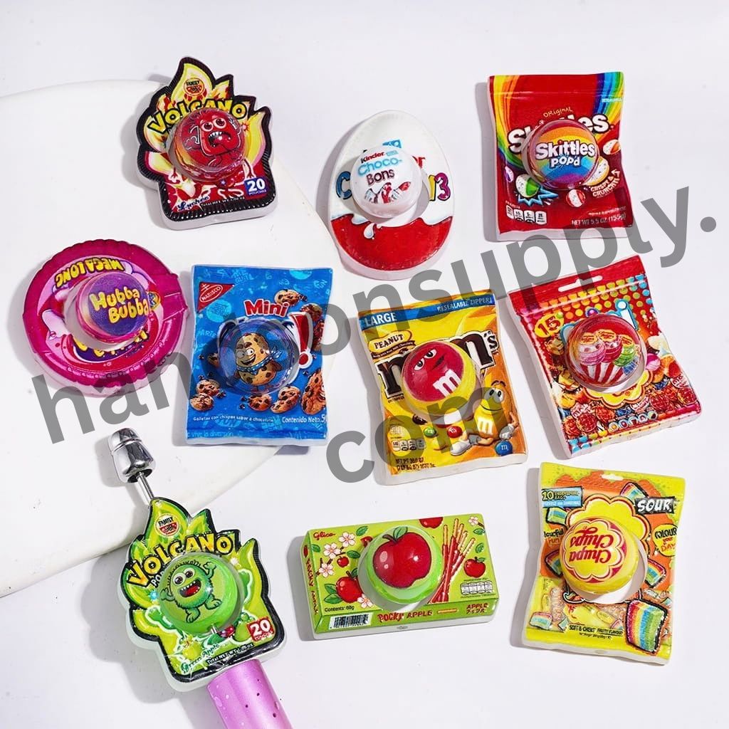 UV-Coated Sweet Snack Candy Series Printed Hollowed Candy Bag & Round Acrylic Beads, Random Mix (1 Set=2 Pieces)