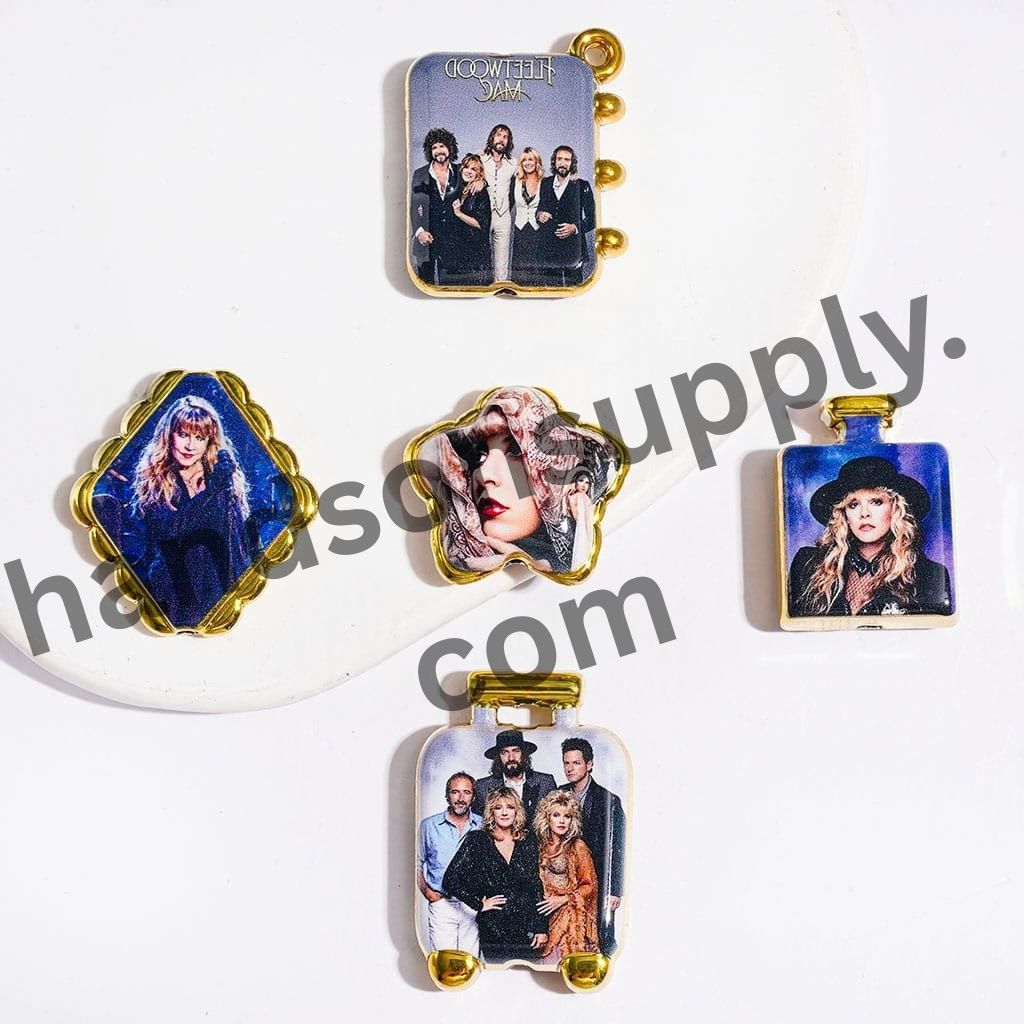 Retro American Rock Band Character Printed Acrylic Beads & Pendants, Elegant Gold Border, Assorted Designs, Random Mix