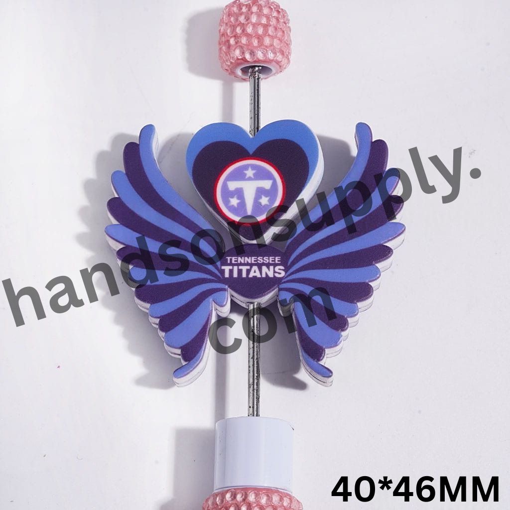 Tennessee American Football Team Logo Designs with Printed Heart and Wing Shapes Silicone Focal Beads Set, 40*46MM