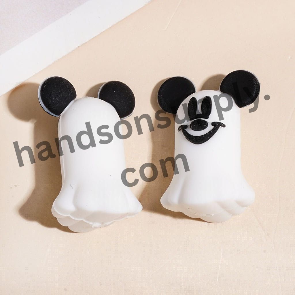 Cute Classic Mouse Character Inspired Faces with Round Ears Ghost Halloween Silicone Focal Beads, 21*30MM, Multi-Color Random Mix